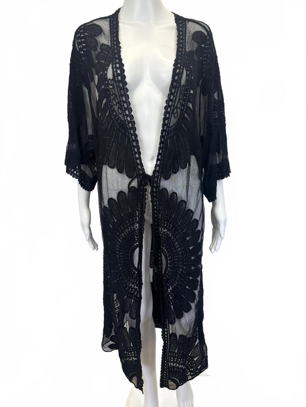 Black Sheer Lace Duster One Size Open Front Boho Floral Pattern Cover-Up